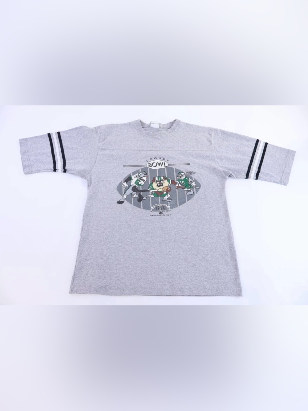 Vintage 1991 Looney Tunes New York Jets NFL T-Shirt Bugs Bunny Striped Sleeve